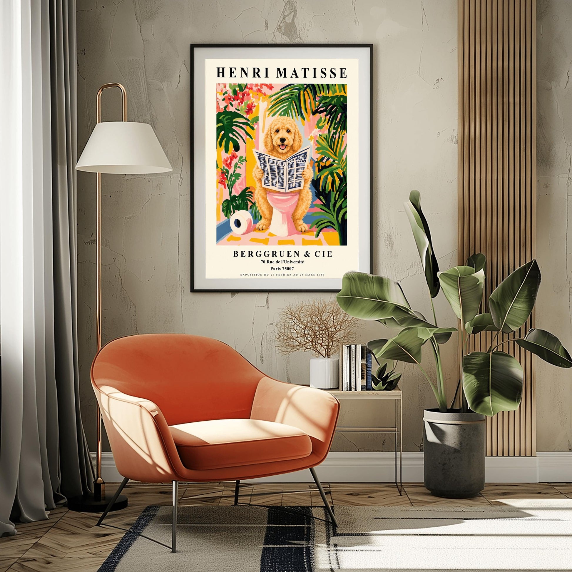A vertical fine art exhibition poster in the style of Henri Matisse featuring a wide cream border. Bold black text reads "HENRI MATISSE" at the top and "BERGGRUEN & CIE" at the bottom. The central painting humorously shows a fluffy golden doodle dog sitting on a pink toilet while reading a newspaper, surrounded by vibrant green palm leaves, tropical flowers, and a toilet paper roll on the floor.