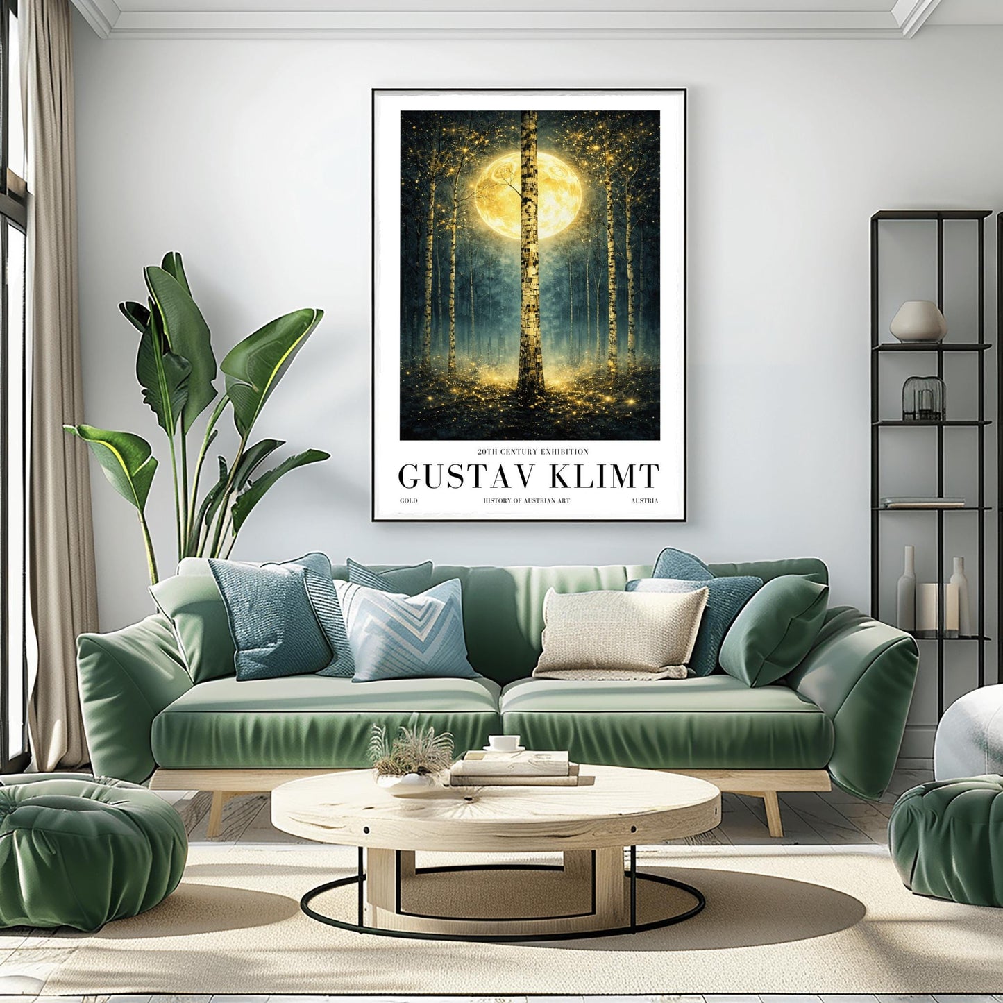 A vertical Art Nouveau-style illustration of a birch forest at night. A large golden moon hangs behind a central birch tree. The forest is filled with teal mist and shimmering golden stardust. The trees have intricate, mosaic-like textures on their bark.
