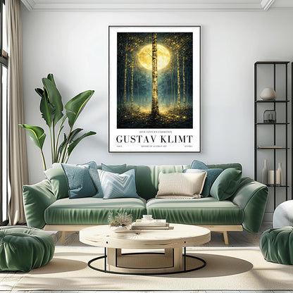A vertical Art Nouveau-style illustration of a birch forest at night. A large golden moon hangs behind a central birch tree. The forest is filled with teal mist and shimmering golden stardust. The trees have intricate, mosaic-like textures on their bark.