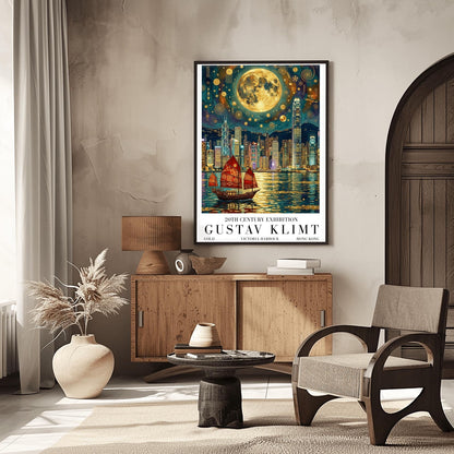 A vertical museum exhibition poster in the style of Gustav Klimt. A traditional red junk boat with golden patterns sails in front of the Hong Kong skyline at night. A massive golden moon with mosaic patterns fills the top of the sky. Bold black text at the bottom reads "GUSTAV KLIMT" and "VICTORIA HARBOUR."