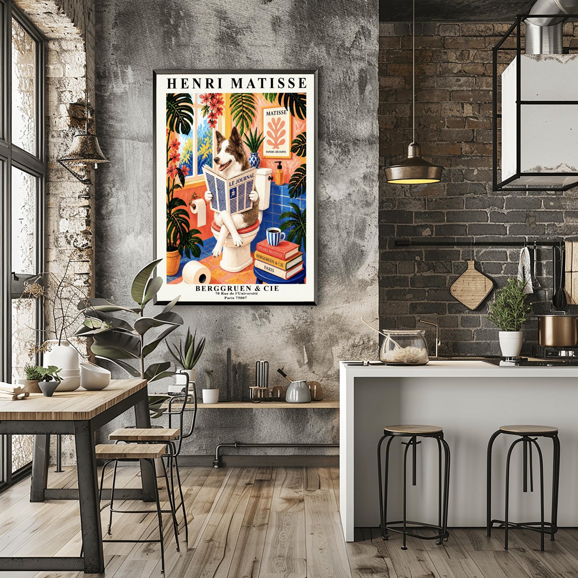 A vertical retro French exhibition poster styled after Henri Matisse with a wide ivory border. The central image shows a vibrant bathroom illustration where a fluffy brown-and-white border collie dog sits upright on a white toilet, holding and reading a newspaper titled "LE JOURNAL" with a happy, alert expression. The room features cobalt blue floor and wall tiles, coral pink walls, and large potted monstera plants with cascading pink flowers