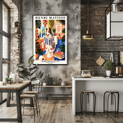 A vertical retro French exhibition poster styled after Henri Matisse with a wide ivory border. The central image shows a vibrant bathroom illustration where a fluffy brown-and-white border collie dog sits upright on a white toilet, holding and reading a newspaper titled "LE JOURNAL" with a happy, alert expression. The room features cobalt blue floor and wall tiles, coral pink walls, and large potted monstera plants with cascading pink flowers