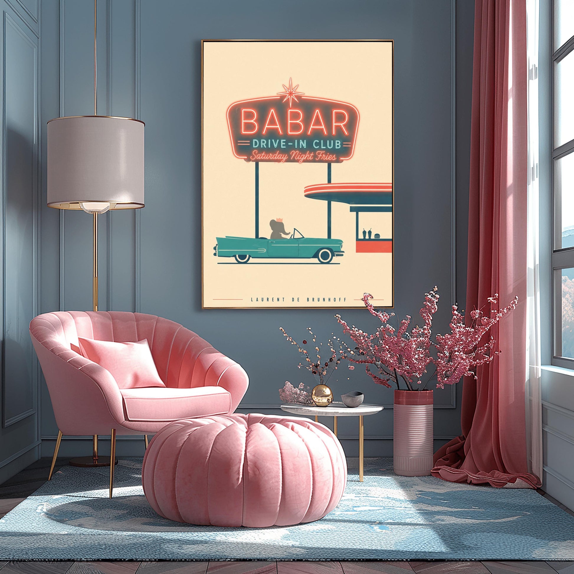A minimalist graphic vintage-style poster on a solid cream background. At the top, a large retro neon-style sign glows with a red border and teal lettering that reads "BABAR DRIVE-IN CLUB - Saturday Night Fries". Below the sign, a silhouette of a cartoon elephant wearing a crown sits inside a classic teal 1950s convertible car. The car is parked next to a simplified red and teal drive-in order window featuring two milkshakes and a burger silhouette.