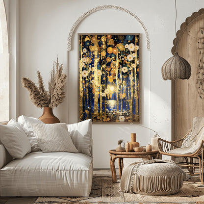 A vertical fine art print in the style of Gustav Klimt. Slender, textured gold leaf tree trunks stand against a dark midnight blue background. The sky and ground are filled with glowing white and gold circular flower patterns. In the center, a distant moon reflects in a small pool of water.