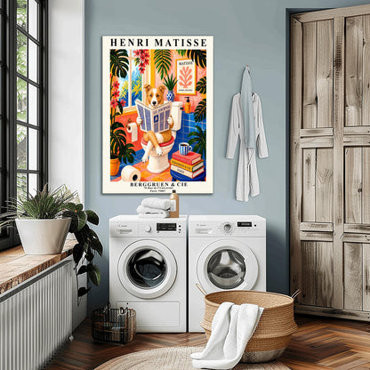 A vertical retro French exhibition poster styled after Henri Matisse with a wide ivory border. The central image shows a vibrant, colorful bathroom illustration. A fluffy ginger-and-white border collie dog sits on a white toilet, holding and reading a newspaper titled "LE JOURNAL". The bathroom features cobalt blue floor and wall tiles, bright pink walls, and large green monstera plants.