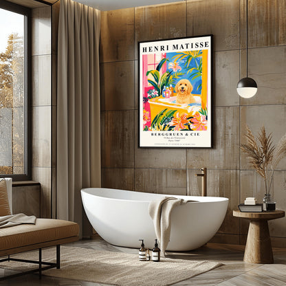 A vertical minimalist fine art exhibition poster in the style of Henri Matisse, shown framed on a wall above a luxury white bathtub. The poster has a wide white border with bold black text reading "HENRI MATISSE" and "BERGGRUEN & CIE". In the center painting, a fluffy golden doodle dog sits happily inside a yellow bathtub surrounded by vibrant pink, blue, and green tropical plants and orange flowers.