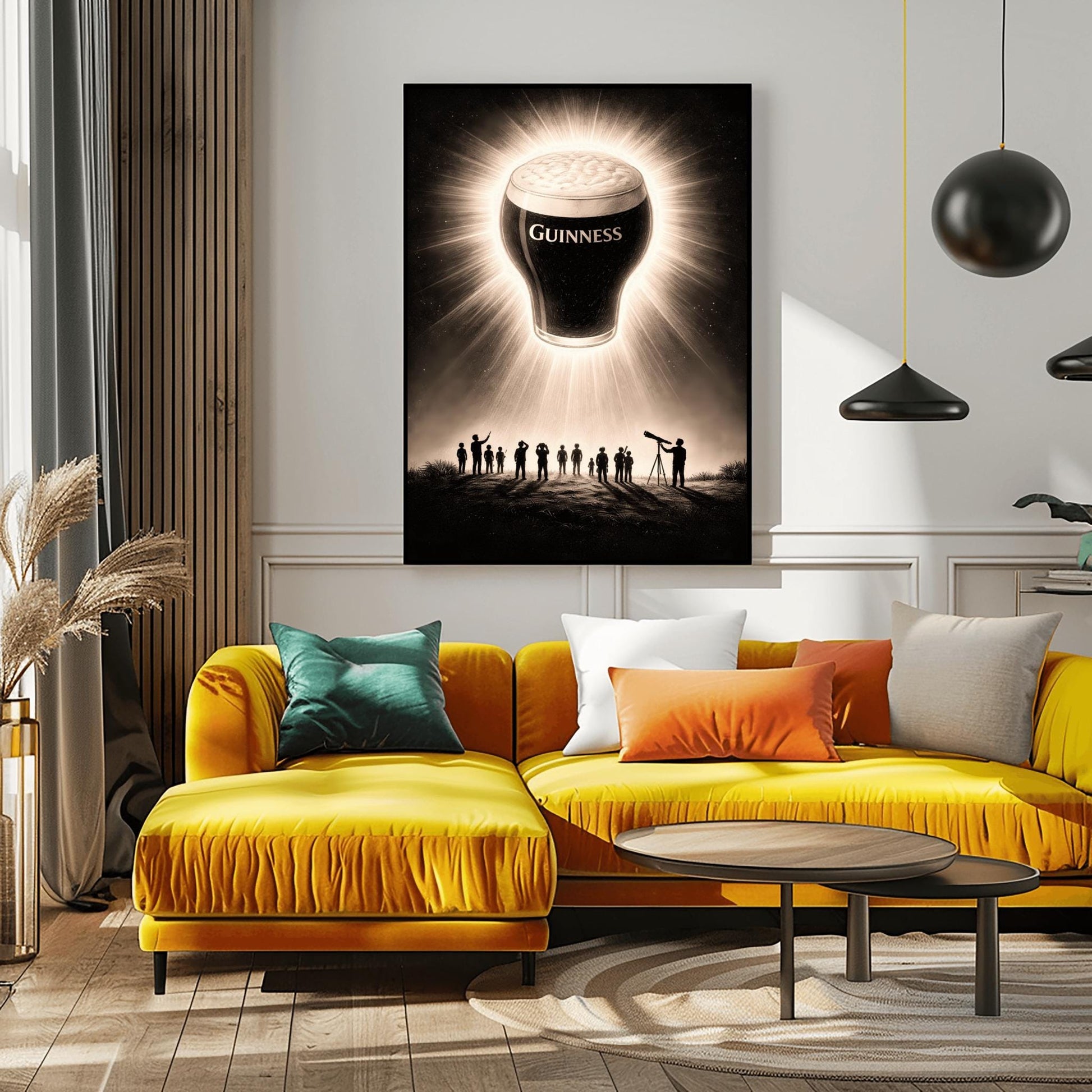 A vertical charcoal-style illustration. A pint of Guinness floats in a dark night sky like a solar eclipse, with bright rays of light radiating from behind the glass. Below, a group of tiny human silhouettes and one person with a telescope look up in wonder at the floating beer.
