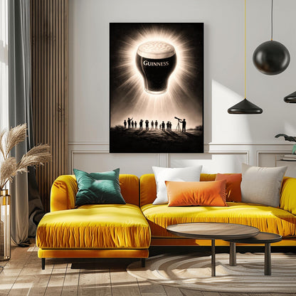 A vertical charcoal-style illustration. A pint of Guinness floats in a dark night sky like a solar eclipse, with bright rays of light radiating from behind the glass. Below, a group of tiny human silhouettes and one person with a telescope look up in wonder at the floating beer.