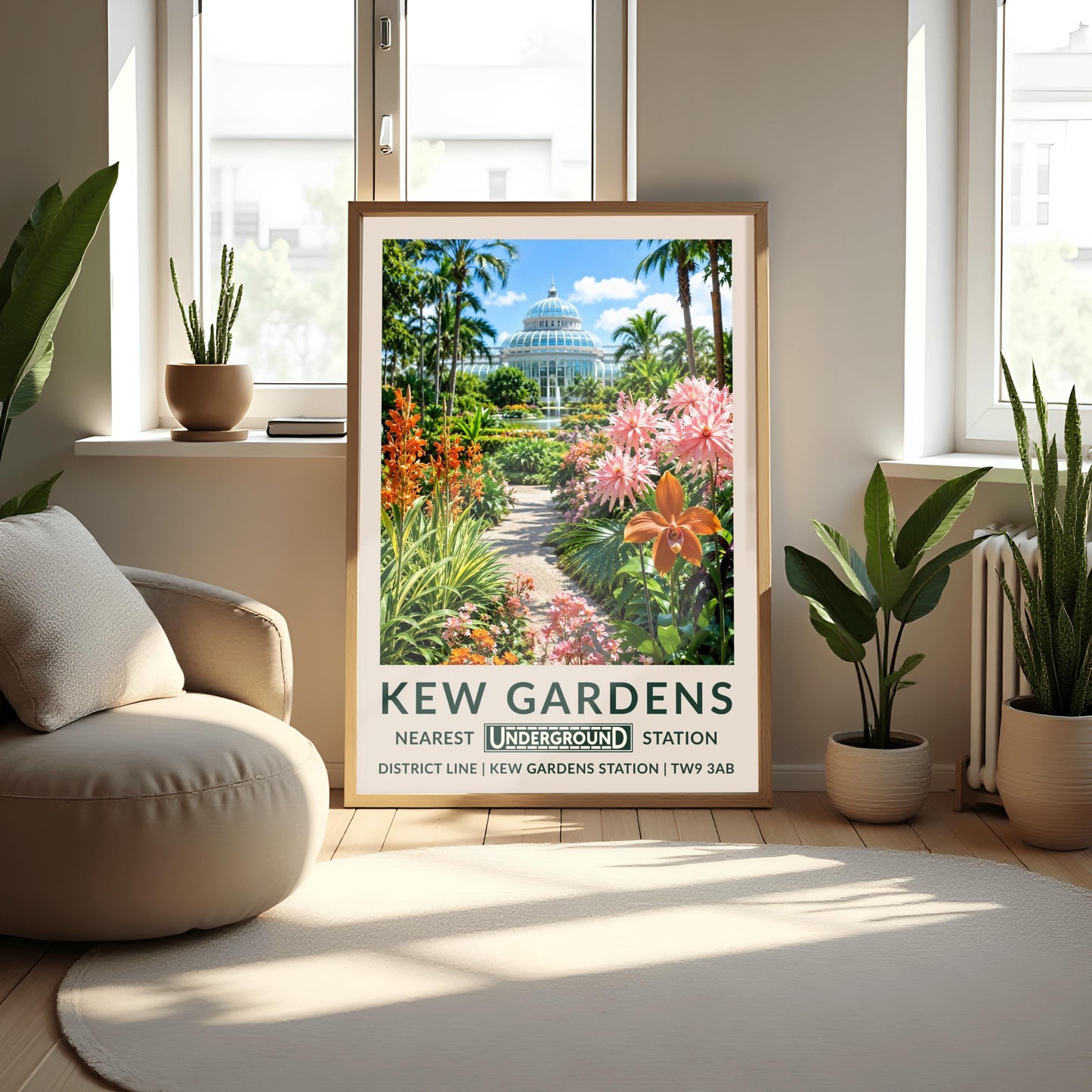 A vertical retro London Underground travel poster for Kew Gardens on a wide cream border. The top image shows a sun-drenched exterior view of the historic white iron-and-glass Palm House dome under a bright blue sky with light clouds. A stone path in the center is flanked by a lush tropical garden featuring towering palm trees, a large prominent orange orchid blossom on the right alongside spiky pink flowers, and tall orange torch lilies on the left.