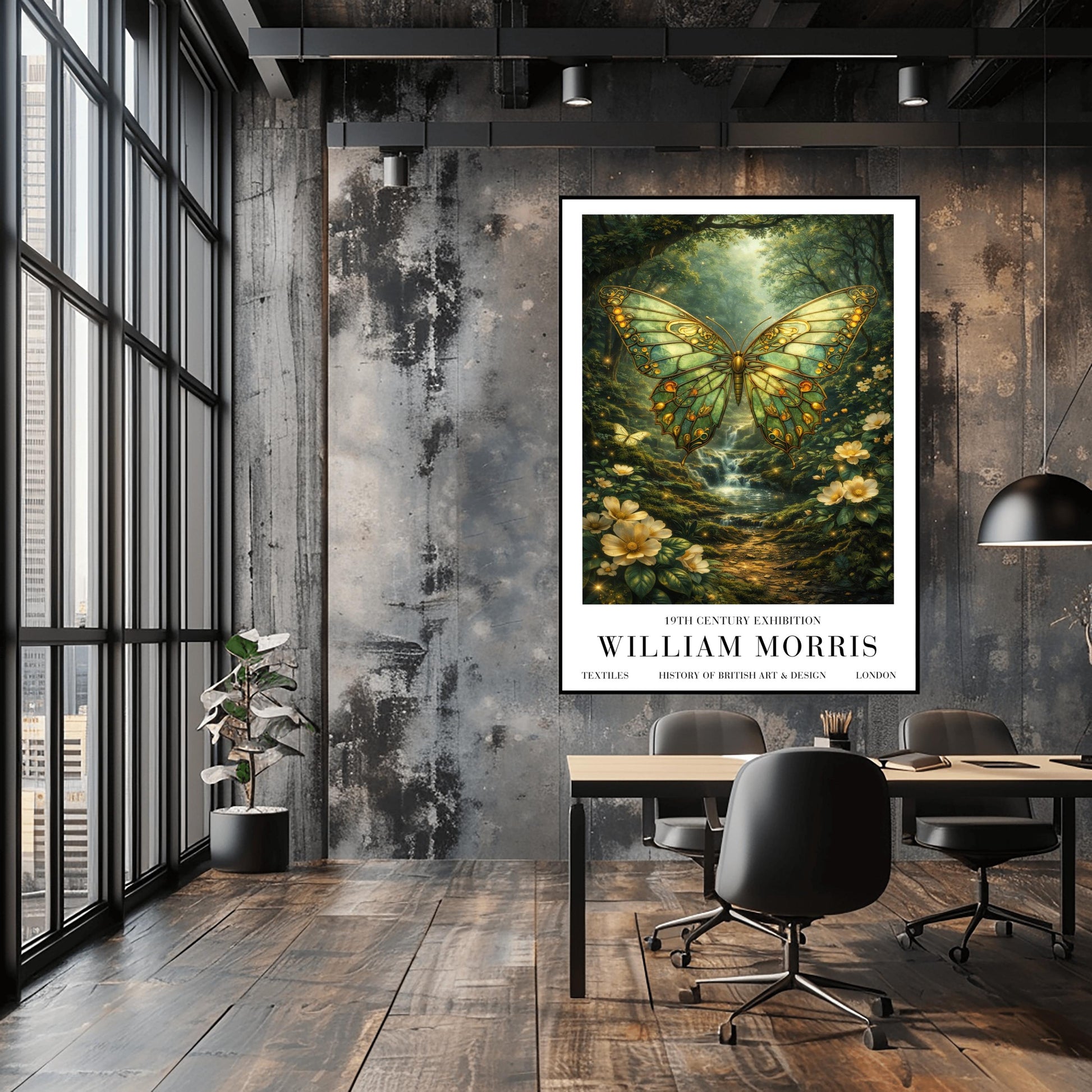 A vertical exhibition poster titled "WILLIAM MORRIS: 19th Century Exhibition". The central artwork features a large butterfly with intricate emerald and gold wings that resemble stained glass. It hovers over a lush forest scene with a small waterfall, sunlight streaming through the trees, and white flowers in the foreground. The bottom features a clean white border with bold black text reading "TEXTILES," "HISTORY OF BRITISH ART & DESIGN," and "LONDON".