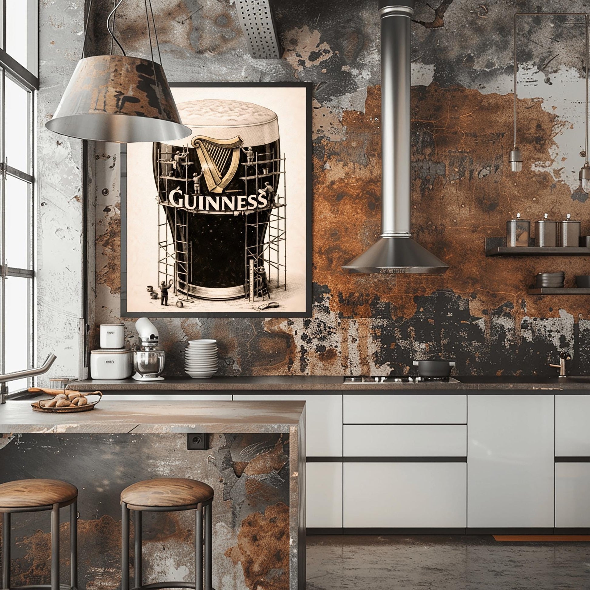 A vertical charcoal illustration of a large pint of Guinness. The glass is surrounded by a complex wooden scaffolding structure. Tiny worker silhouettes are on the scaffolding, polishing a large golden harp and the white Guinness logo on the front of the glass. The background is a light cream color.
