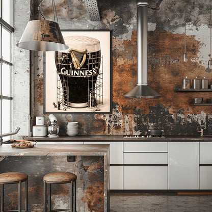 A vertical charcoal illustration of a large pint of Guinness. The glass is surrounded by a complex wooden scaffolding structure. Tiny worker silhouettes are on the scaffolding, polishing a large golden harp and the white Guinness logo on the front of the glass. The background is a light cream color.