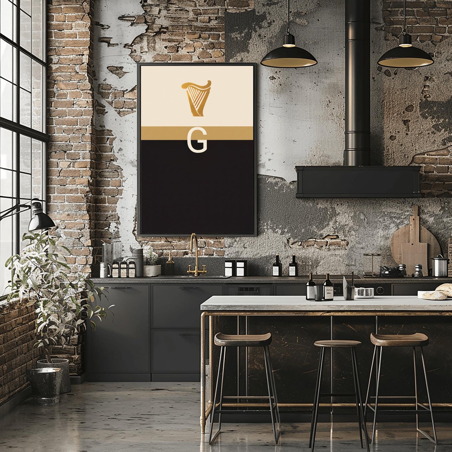 A vertical minimalist graphic art print. The top half is cream-colored with a golden harp icon at the top. A large, white serif letter "G" is centered in the middle but is split in half by a horizontal gold band. The bottom half of the poster is solid, deep black. The design is a modern, graphic tribute to the Guinness brand colors and symbols.