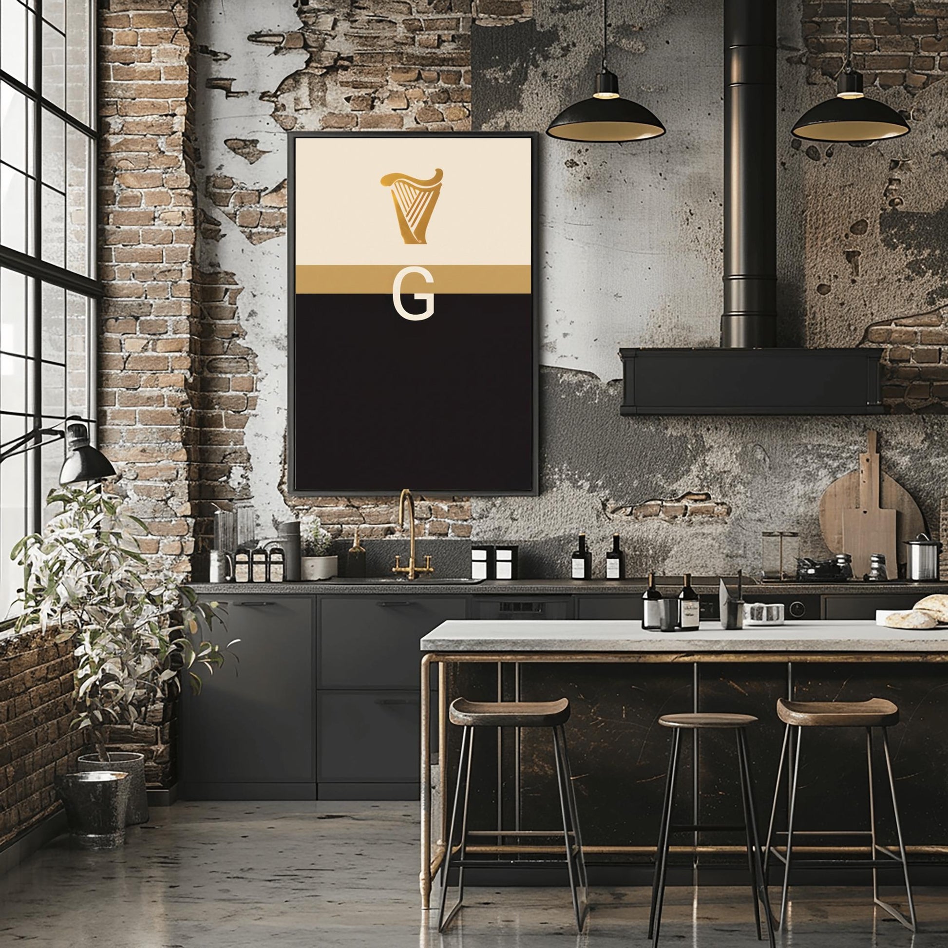 A vertical minimalist graphic art print. The top half is cream-colored with a golden harp icon at the top. A large, white serif letter "G" is centered in the middle but is split in half by a horizontal gold band. The bottom half of the poster is solid, deep black. The design is a modern, graphic tribute to the Guinness brand colors and symbols.