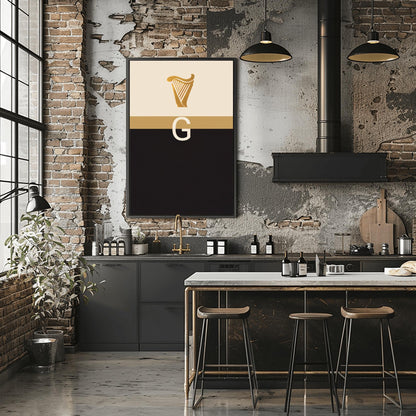 A vertical minimalist graphic art print. The top half is cream-colored with a golden harp icon at the top. A large, white serif letter "G" is centered in the middle but is split in half by a horizontal gold band. The bottom half of the poster is solid, deep black. The design is a modern, graphic tribute to the Guinness brand colors and symbols.