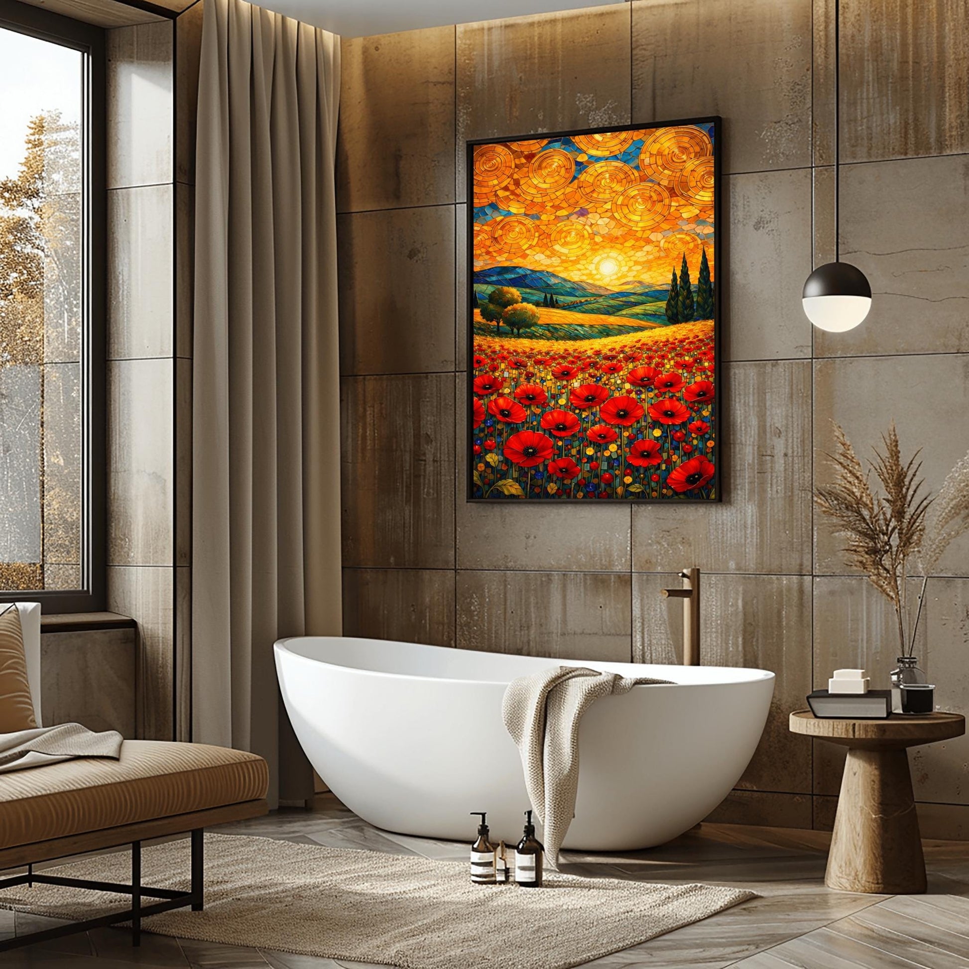 A vertical fine art print in the style of Gustav Klimt. A foreground of vibrant red poppies leads to rolling blue and green hills with cypress trees. The sky is filled with large, shimmering golden spirals and a bright sun, created in a mosaic style.