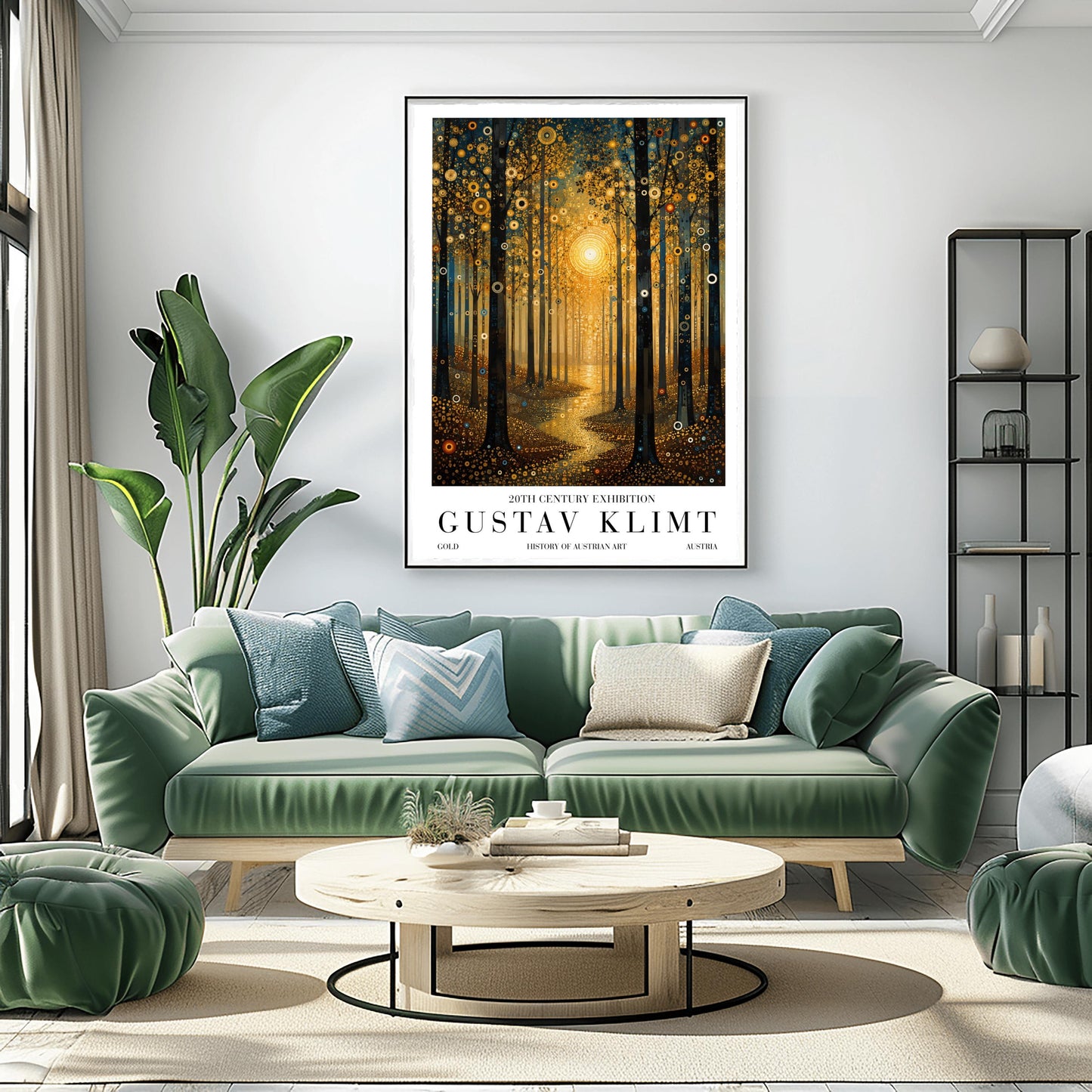 A vertical museum-style exhibition poster with a clean white border. The central illustration depicts a dense forest at sunset or sunrise in the decorative style of Gustav Klimt. A large, bright golden sun made of mosaic rings radiates in the center, casting a glowing path of liquid gold along a winding trail. Tall, dark tree trunks frame the composition, and the leaves and ground are covered in intricate golden spirals, target symbols, and circular patterns with small teal accents.
