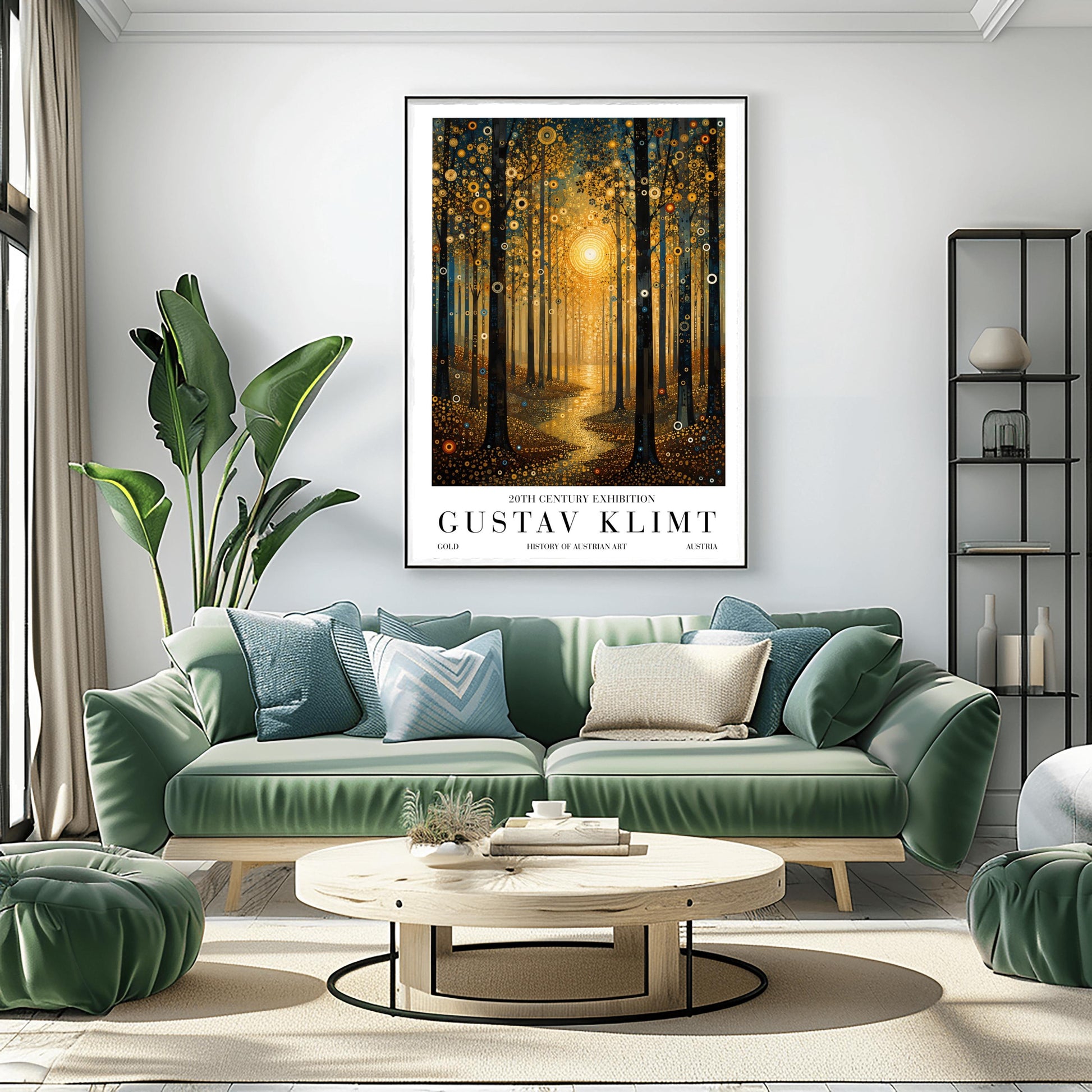 A vertical museum-style exhibition poster with a clean white border. The central illustration depicts a dense forest at sunset or sunrise in the decorative style of Gustav Klimt. A large, bright golden sun made of mosaic rings radiates in the center, casting a glowing path of liquid gold along a winding trail. Tall, dark tree trunks frame the composition, and the leaves and ground are covered in intricate golden spirals, target symbols, and circular patterns with small teal accents.