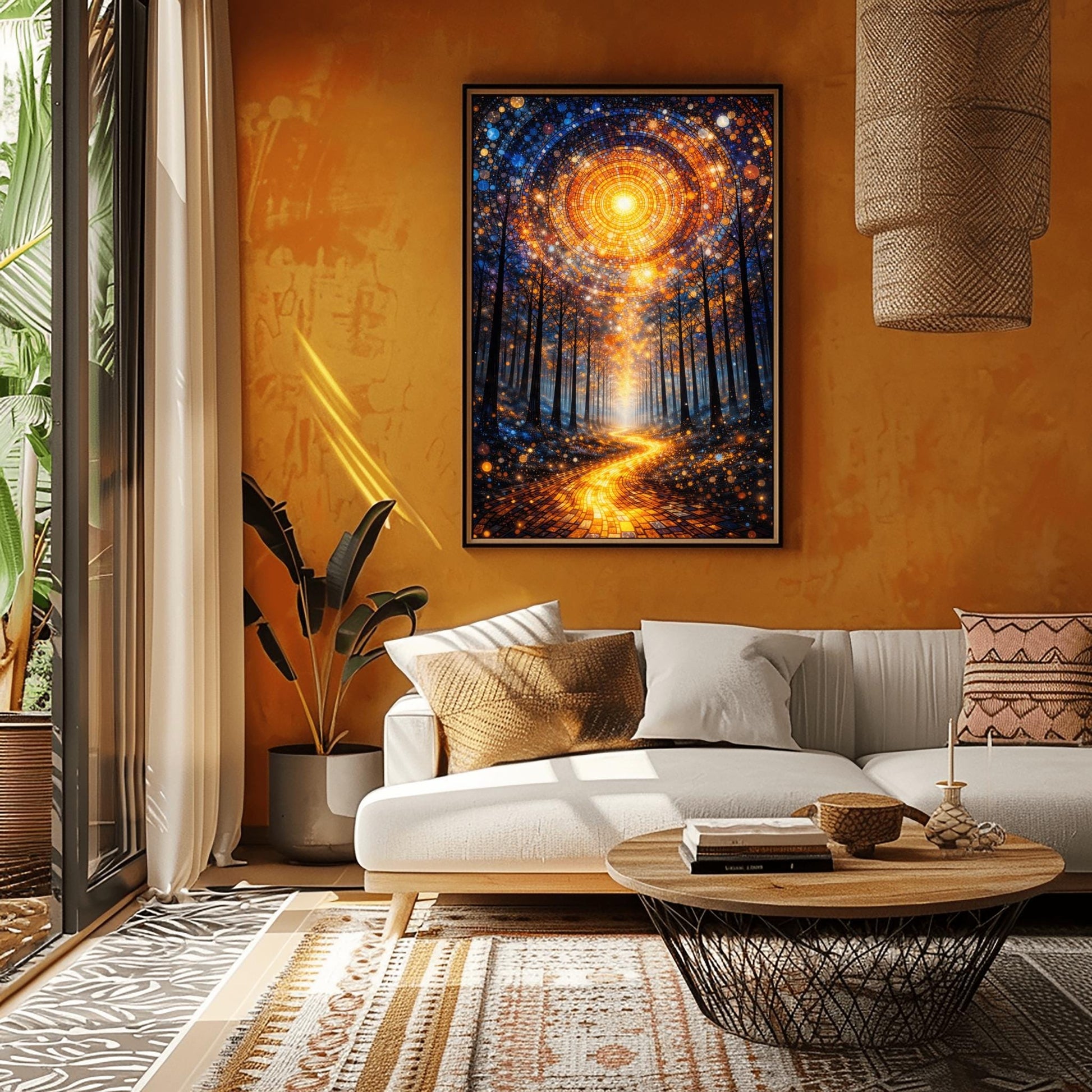 A vertical, highly detailed Art Nouveau illustration featuring a winding golden mosaic path leading through a dark forest toward a bright light. Above, a massive circular portal in the sky is made of intricate mosaic tiles in gold and blue. The scene is filled with shimmering golden stardust.