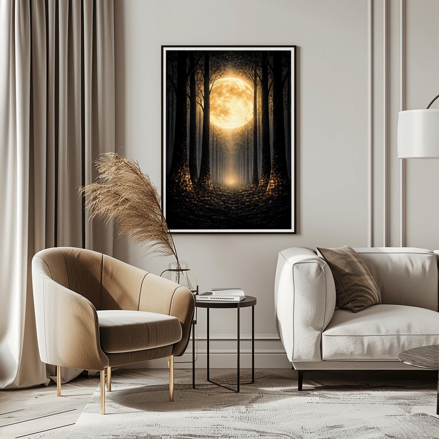 A vertical art print in the style of Gustav Klimt showing a dark forest at night. Tall, dark, silhouetted tree trunks frame a central path that leads toward a bright light in the distance. A massive, glowing golden moon with intricate textures dominates the upper center of the image. The base of the trees and the forest floor are sprinkled with shimmering gold mosaic patterns and light specks, contrasting sharply against the dark background.