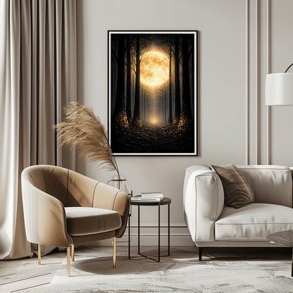 A vertical art print in the style of Gustav Klimt showing a dark forest at night. Tall, dark, silhouetted tree trunks frame a central path that leads toward a bright light in the distance. A massive, glowing golden moon with intricate textures dominates the upper center of the image. The base of the trees and the forest floor are sprinkled with shimmering gold mosaic patterns and light specks, contrasting sharply against the dark background.