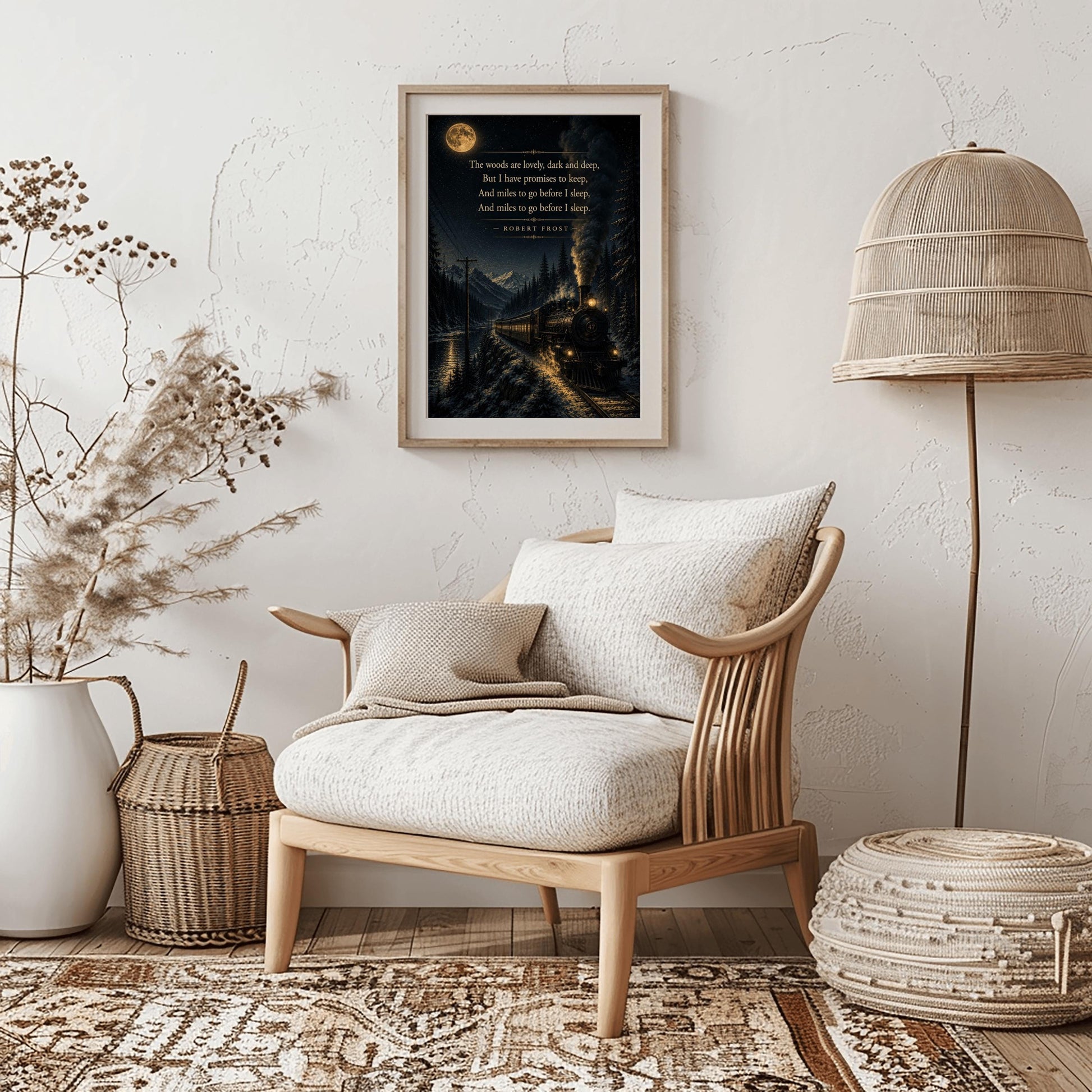 A vertical art print showing a vintage steam locomotive traveling on a snowy track at night. The train, with glowing windows and smoke billowing from its stack, moves along a lakeside beneath high mountains. A large full moon and stars light the sky, creating a reflection on the water. The final lines of Robert Frost’s "Stopping by Woods on a Snowy Evening" are printed in gold in the upper portion of the image.