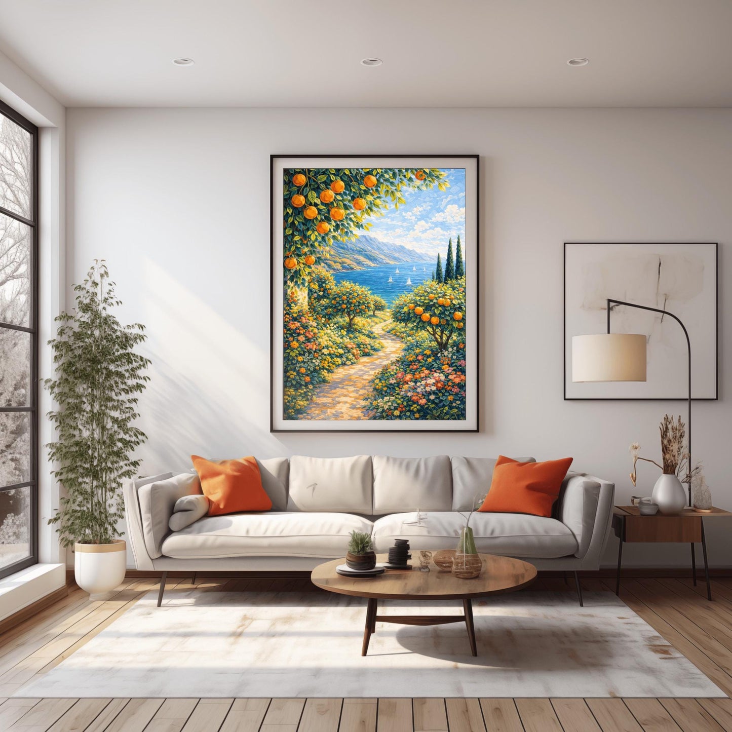 A vertical painterly illustration of a sun-dappled stone path winding through a garden of orange trees and colorful wildflowers. The path leads toward a blue sea with sailboats and distant mountains under a blue sky.