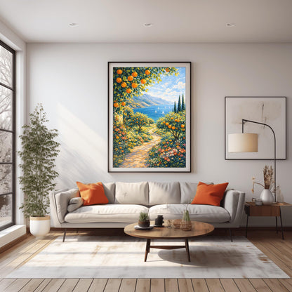A vertical painterly illustration of a sun-dappled stone path winding through a garden of orange trees and colorful wildflowers. The path leads toward a blue sea with sailboats and distant mountains under a blue sky.