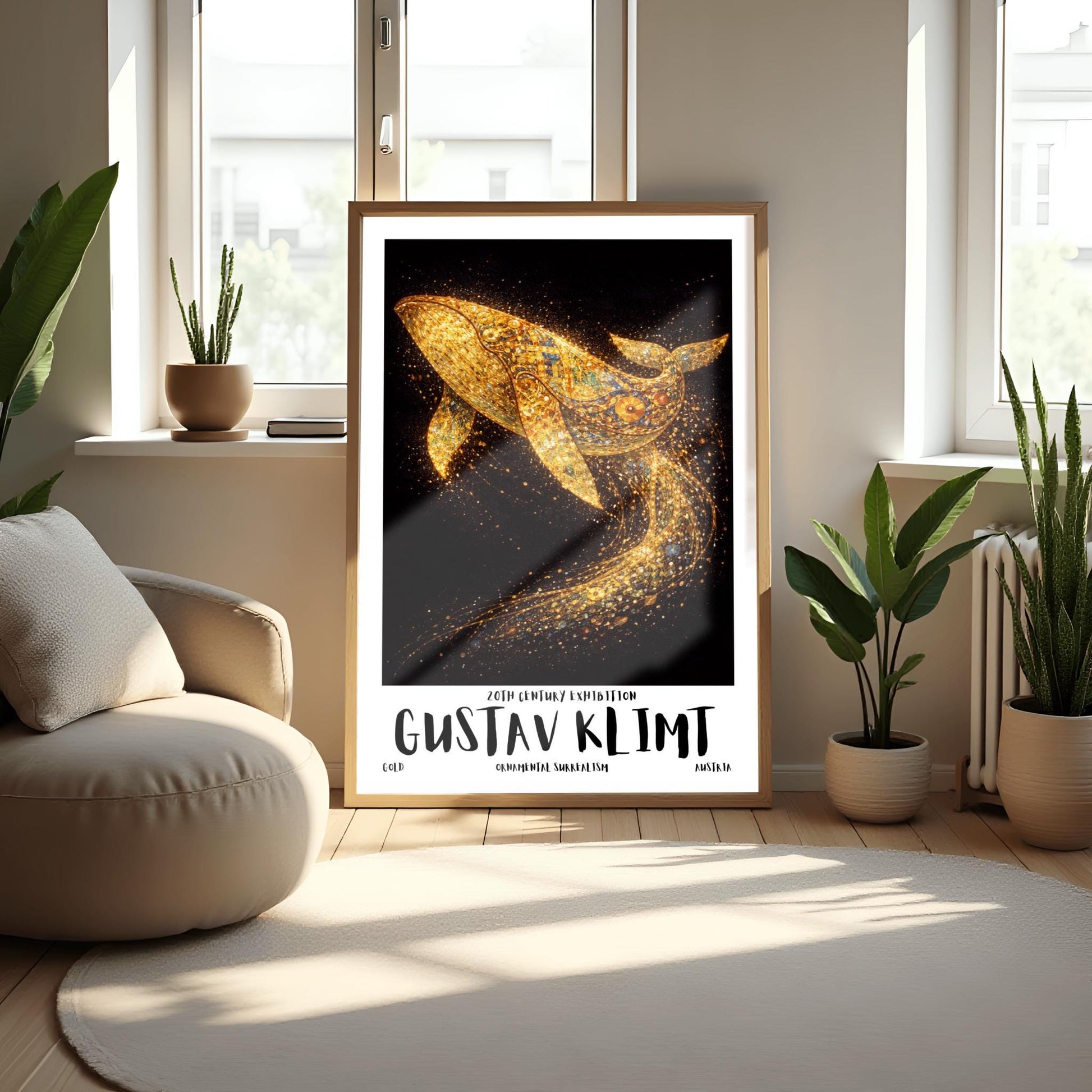 A vertical exhibition poster for Gustav Klimt featuring a large humpback whale made of golden mosaic patterns. The whale is breaching against a black background, leaving a trail of sparkling gold dust. Bold text at the bottom reads "GUSTAV KLIMT" and "Ornamental Surrealism."