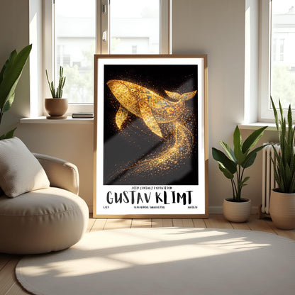 A vertical exhibition poster for Gustav Klimt featuring a large humpback whale made of golden mosaic patterns. The whale is breaching against a black background, leaving a trail of sparkling gold dust. Bold text at the bottom reads "GUSTAV KLIMT" and "Ornamental Surrealism."