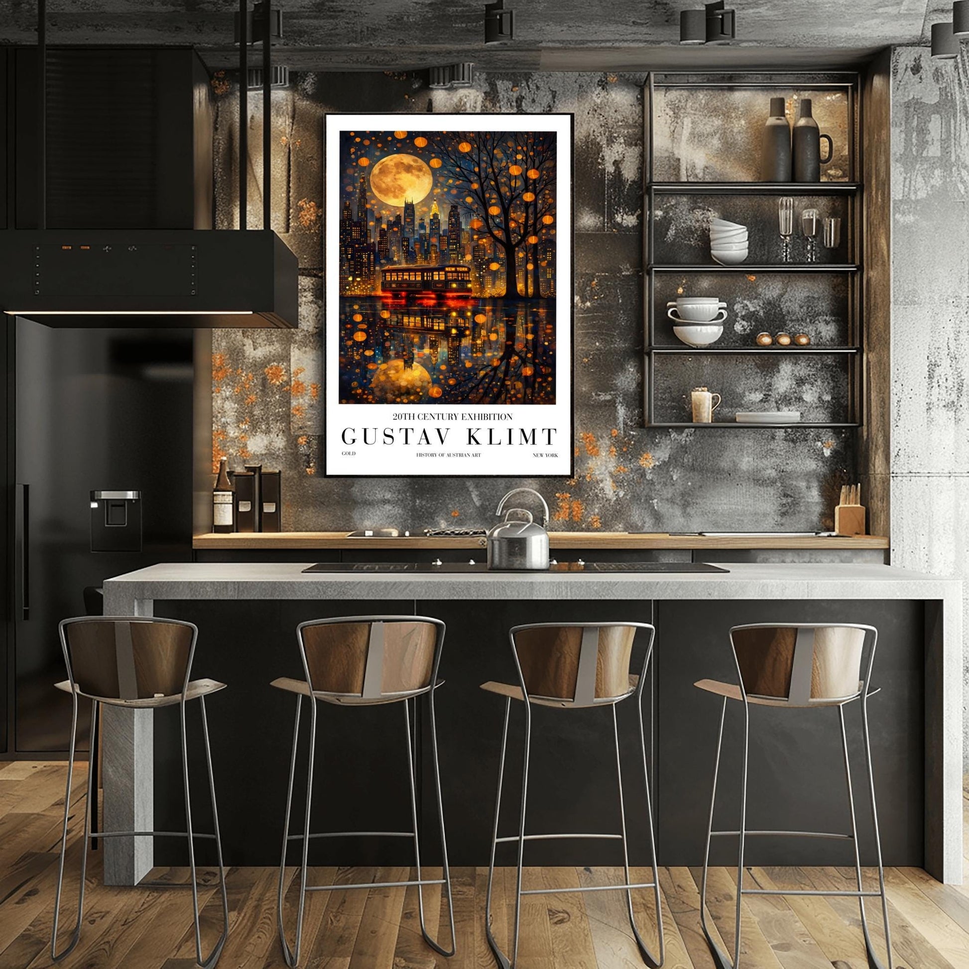 A vertical exhibition-style poster for a Gustav Klimt exhibit. The top half features the New York City skyline at night under a massive, patterned golden moon. A vintage trolley with "NEW YORK" on its sign sits on a wet street, reflecting the city lights and the moon in a shimmering gold mosaic pattern. A silhouetted tree on the right is filled with glowing golden lanterns. The bottom features bold text reading "GUSTAV KLIMT."