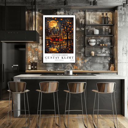 A vertical exhibition-style poster for a Gustav Klimt exhibit. The top half features the New York City skyline at night under a massive, patterned golden moon. A vintage trolley with "NEW YORK" on its sign sits on a wet street, reflecting the city lights and the moon in a shimmering gold mosaic pattern. A silhouetted tree on the right is filled with glowing golden lanterns. The bottom features bold text reading "GUSTAV KLIMT."