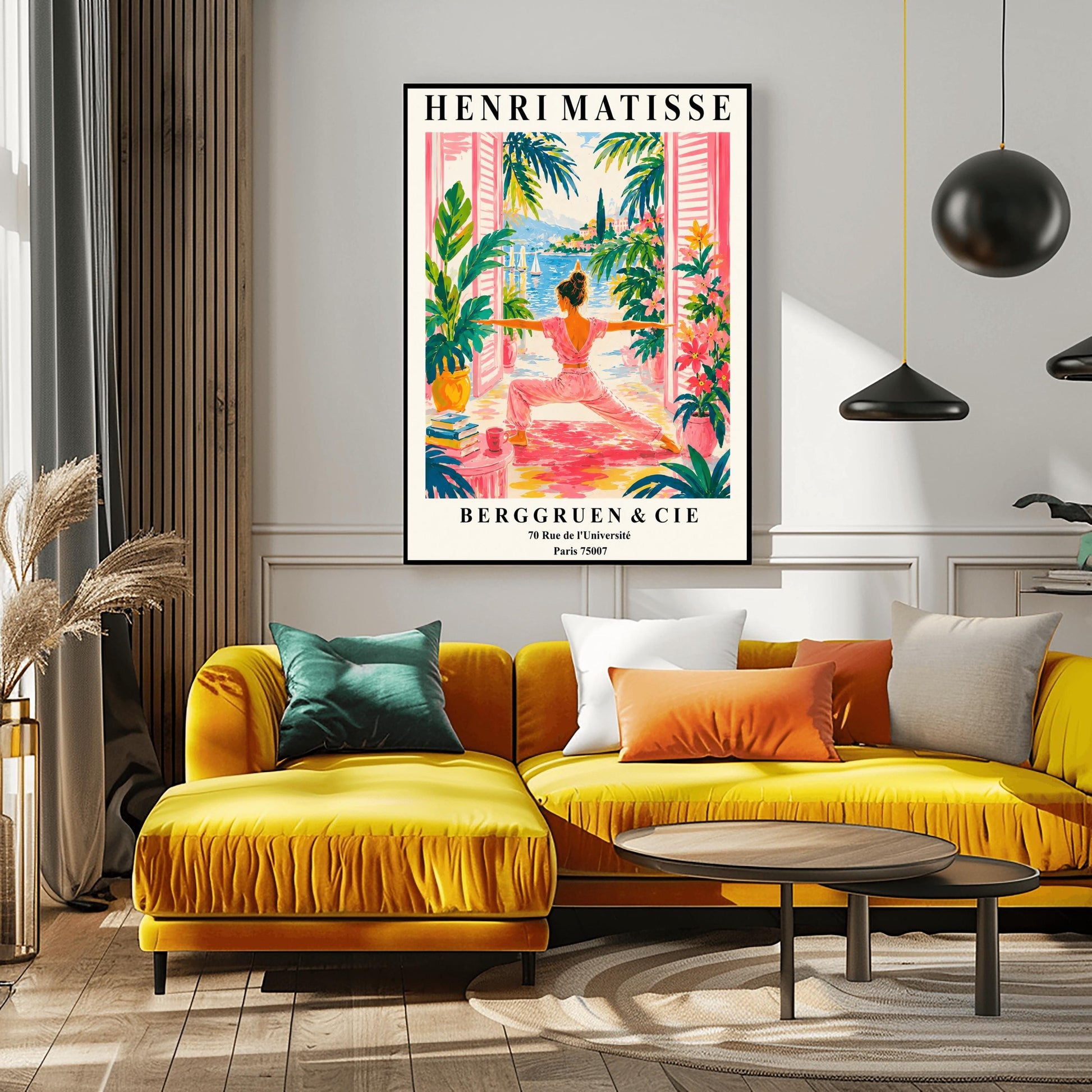 A vertical museum-style exhibition poster with a cream border featuring text for an Henri Matisse exhibition at Berggruen & Cie in Paris,. The colorful central illustration depicts a woman from behind practicing a yoga pose on a pink mat on a terrace. She is framed by open pink shutters and lush green potted plants. Through the open doors is a scenic view of a bright blue sea with sailboats, a coastal hill town, and green palm trees under a sunny sky.