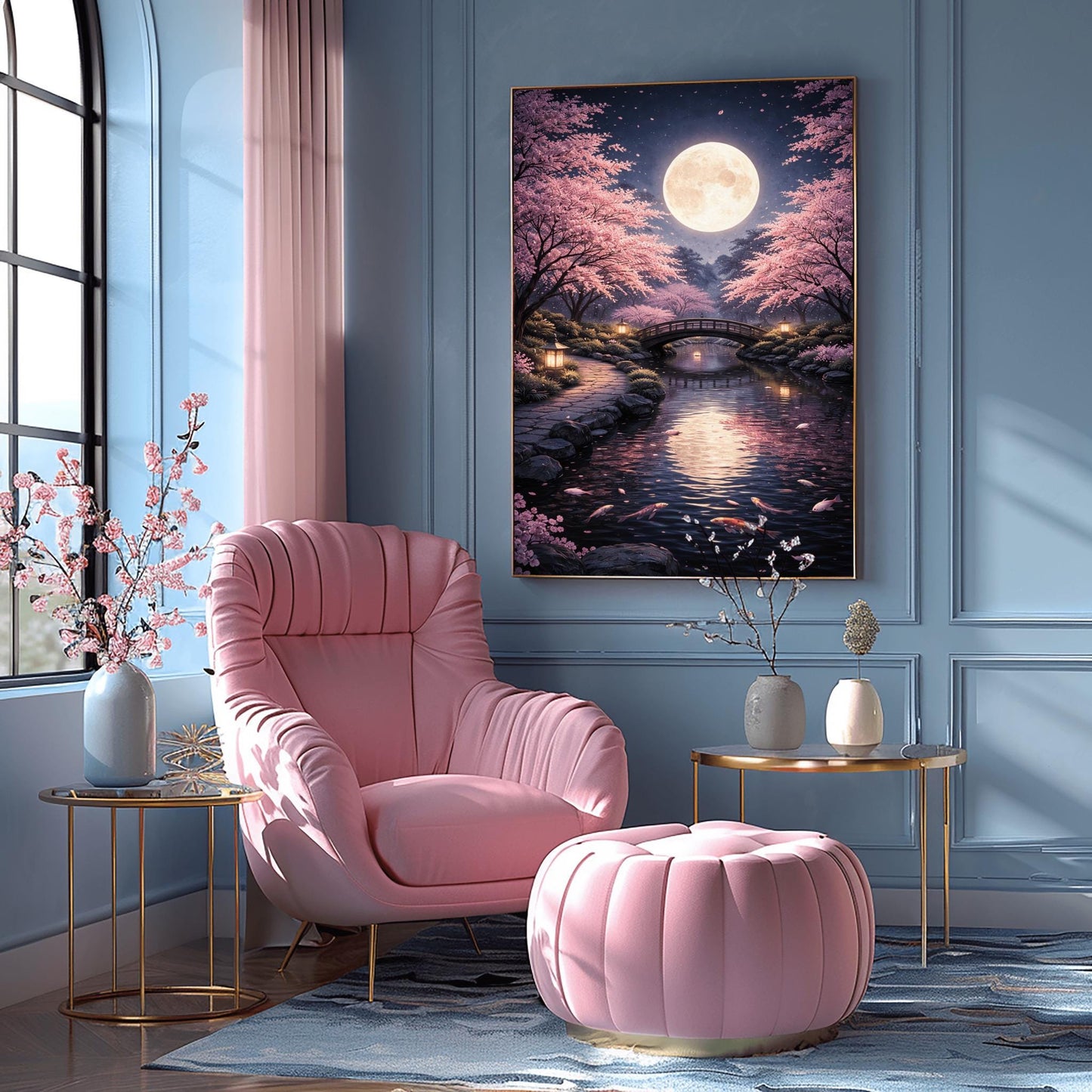 A vertical illustration of a Japanese garden at night in a Klimt-inspired mosaic style. A large full moon shines over a curved bridge and a koi pond. Glowing pink cherry blossom trees frame the scene. Stone lanterns light a stone path in the foreground.