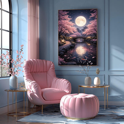 A vertical illustration of a Japanese garden at night in a Klimt-inspired mosaic style. A large full moon shines over a curved bridge and a koi pond. Glowing pink cherry blossom trees frame the scene. Stone lanterns light a stone path in the foreground.