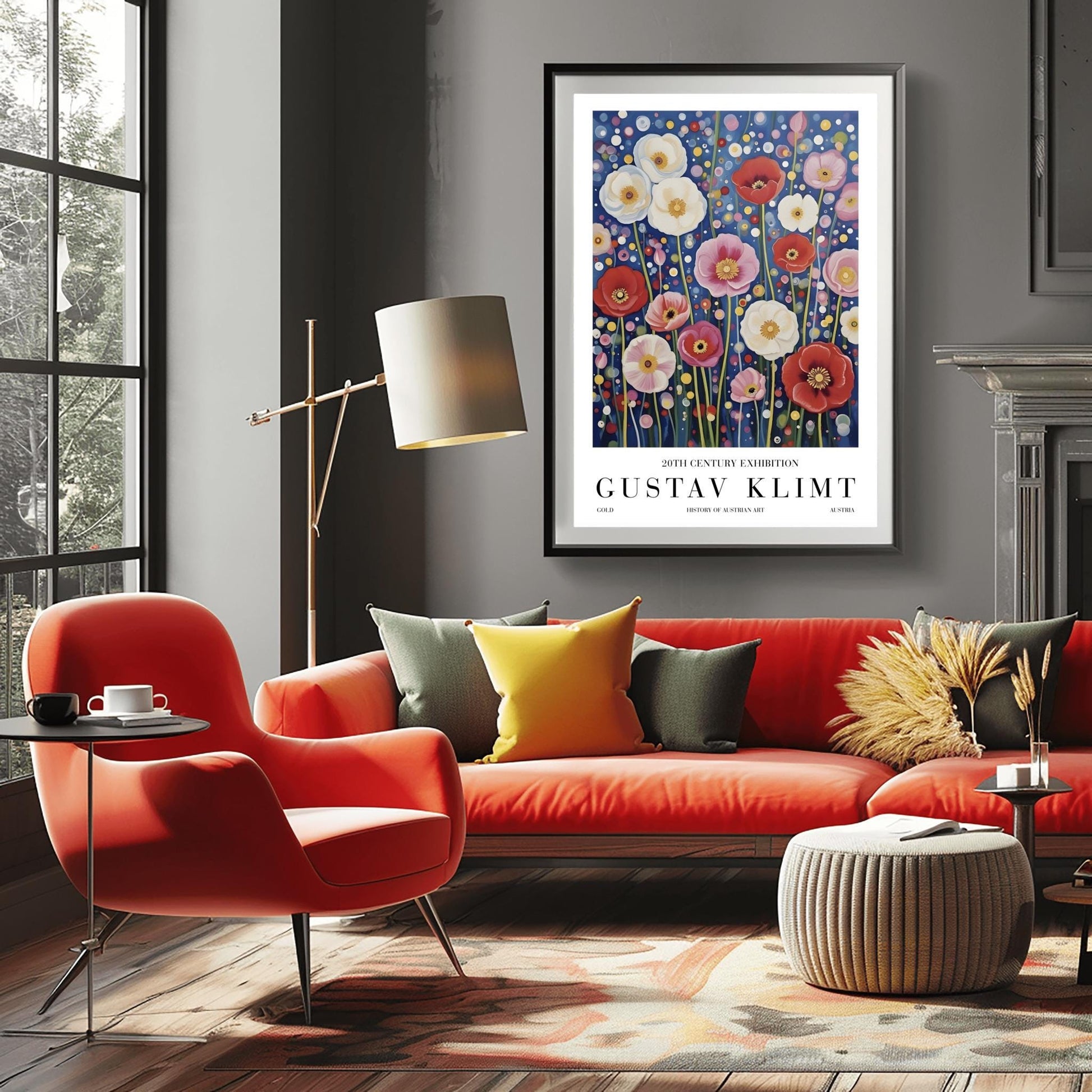 A vertical exhibition-style poster featuring a field of poppies in the style of Gustav Klimt. Large white, red, and pink flowers bloom on slender green stems against a dark navy background filled with shimmering gold and cream mosaic dots. The bottom margin features elegant typography reading "GUSTAV KLIMT" and "20TH CENTURY EXHIBITION."