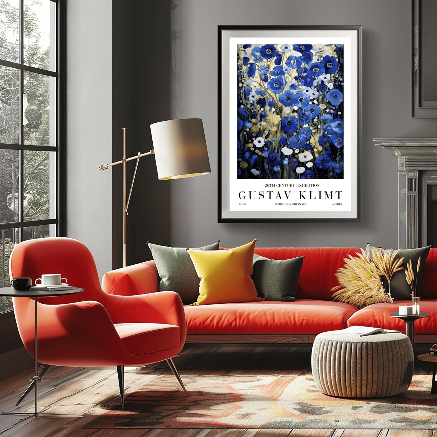 A vertical, highly detailed oil painting in the style of Gustav Klimt. The image is filled with a dense field of blue poppies in shades of cobalt, navy, and light blue. The flowers have dark centers and are surrounded by abstract cream and amber foliage. The brushwork is thick and textured, giving the appearance of a rich mosaic tapestry of flowers.