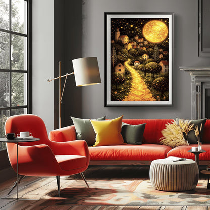 A vertical fine art landscape in the style of Gustav Klimt. A huge, textured golden moon shines in a starry night sky. A glowing golden path winds up a hillside past trees filled with shimmering golden dots toward a village of small houses with lit windows.