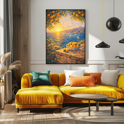 A vertical painterly illustration of a Mediterranean sunset. A low sun shines over a blue sea with sailboats, casting a golden reflection. In the foreground, a bowl of oranges sits on a stone wall. Orange tree branches frame the top of the scene.