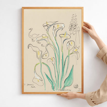 A vertical ink and watercolor sketch by Ludwig Bemelmans titled "St James's Park". A large bouquet of white calla lilies with light green stems and yellow centers dominates the center. To the left, a minimalist ink sketch of a swan and four ducklings floats by. In the upper right corner, a simple line drawing shows the twelve little girls in hats. Signed "Bemelmans" at the bottom with studio markings in the bottom right corner.