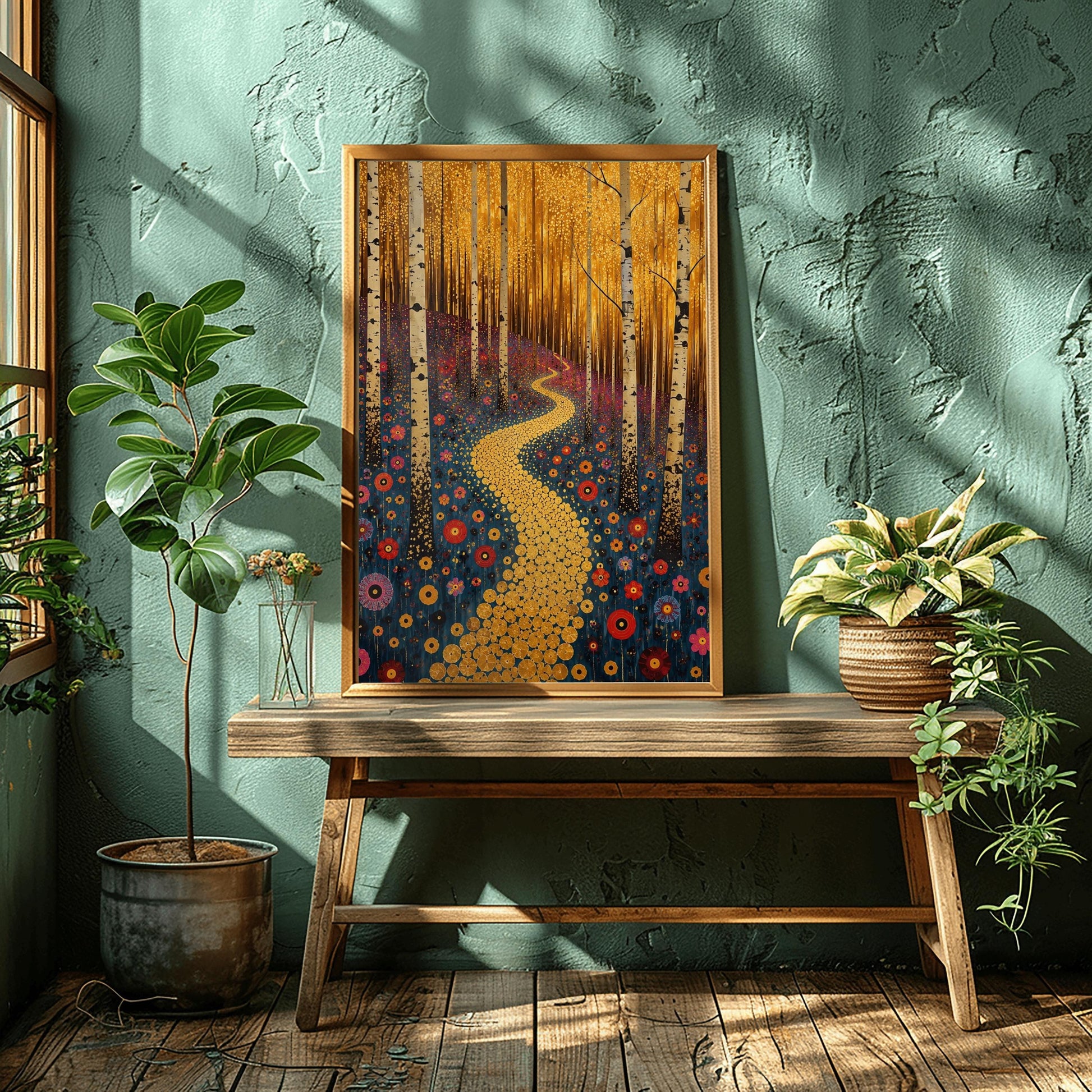 A vertical canvas landscape painting in the style of Gustav Klimt. A winding path made of small, glittering gold circular mosaic tiles snakes from the foreground up a forest hill. Slender white and black birch tree trunks stand vertically across the landscape. The hillside ground is dark navy blue and covered in round, target-shaped flowers in shades of red, orange, and pink. The top third of the painting is a dense, shimmering canopy of tiny golden-yellow autumn leaves.