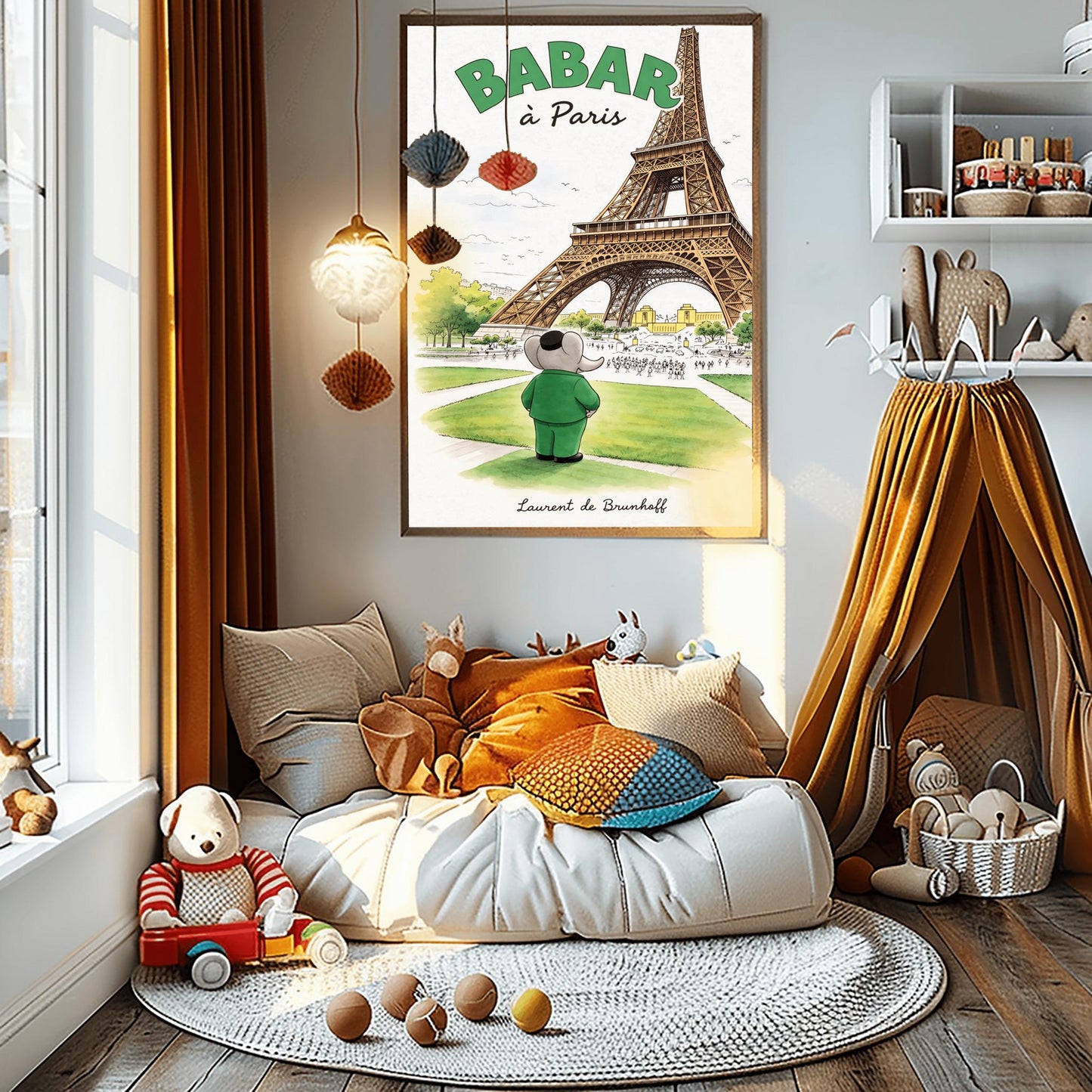 A vertical art print titled "BABAR à Paris" in large green letters. A grey elephant, Babar, seen from behind wearing a green suit and black cap, stands on a green lawn looking toward the massive Eiffel Tower. The scene includes green trees, a distant cityscape with crowds of people, and a soft blue sky. The artist's name, "Laurent de Brunhoff," is printed in script at the bottom.