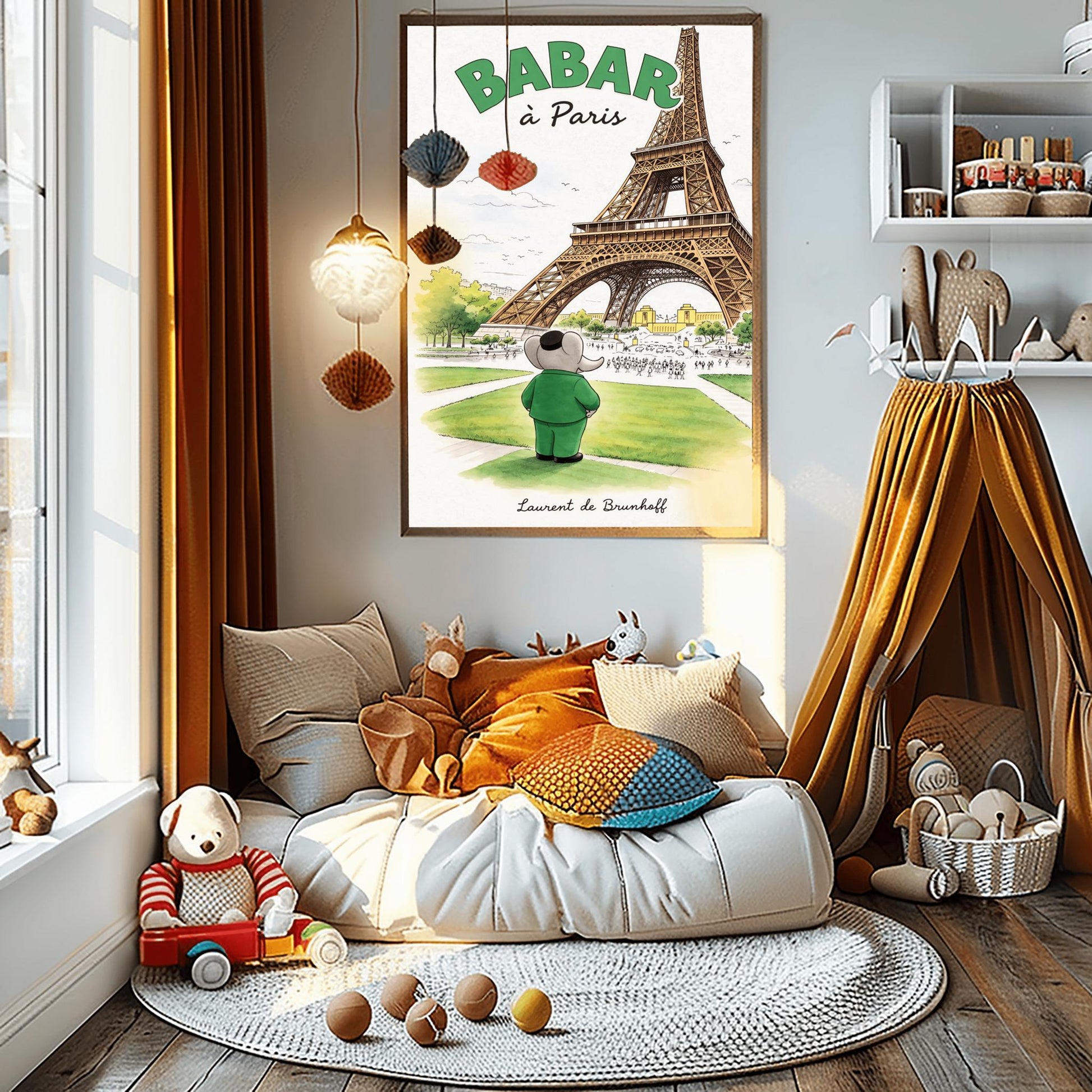 A vertical art print titled "BABAR à Paris" in large green letters. A grey elephant, Babar, seen from behind wearing a green suit and black cap, stands on a green lawn looking toward the massive Eiffel Tower. The scene includes green trees, a distant cityscape with crowds of people, and a soft blue sky. The artist's name, "Laurent de Brunhoff," is printed in script at the bottom.