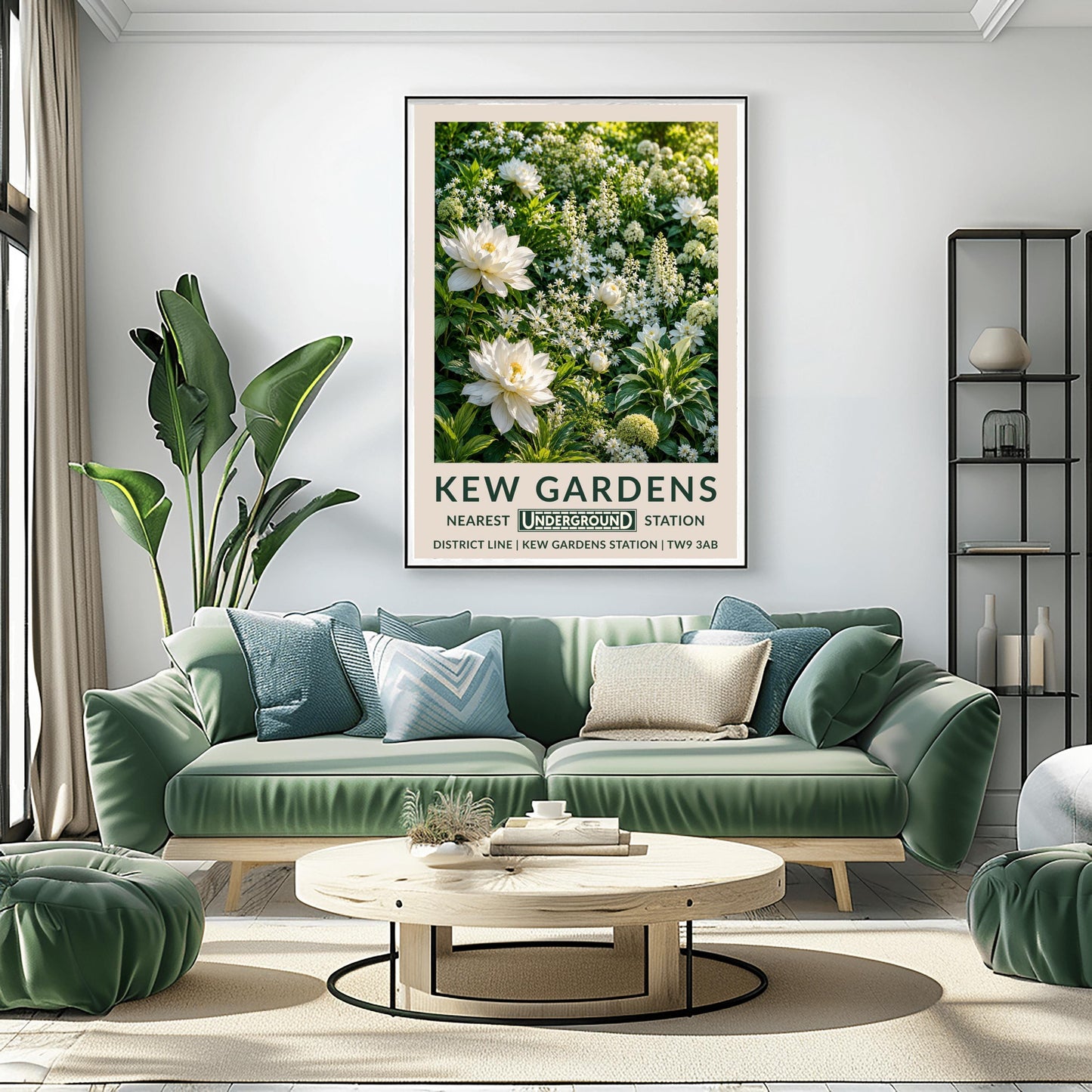 A vertical retro London Underground travel poster for Kew Gardens on a wide cream border. The top image shows a close-up, highly detailed illustration of a dense summer garden border entirely filled with white flowers. Two large, fully bloomed white dahlias with soft yellow centers dominate the lower left side. The background is packed with starry white wildflowers, vertical white flower spires, round chartreuse hydrangeas, and variegated green-and-white leaves.