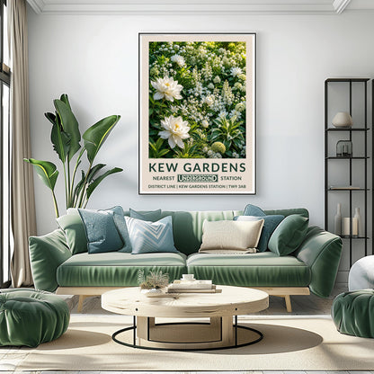 A vertical retro London Underground travel poster for Kew Gardens on a wide cream border. The top image shows a close-up, highly detailed illustration of a dense summer garden border entirely filled with white flowers. Two large, fully bloomed white dahlias with soft yellow centers dominate the lower left side. The background is packed with starry white wildflowers, vertical white flower spires, round chartreuse hydrangeas, and variegated green-and-white leaves.