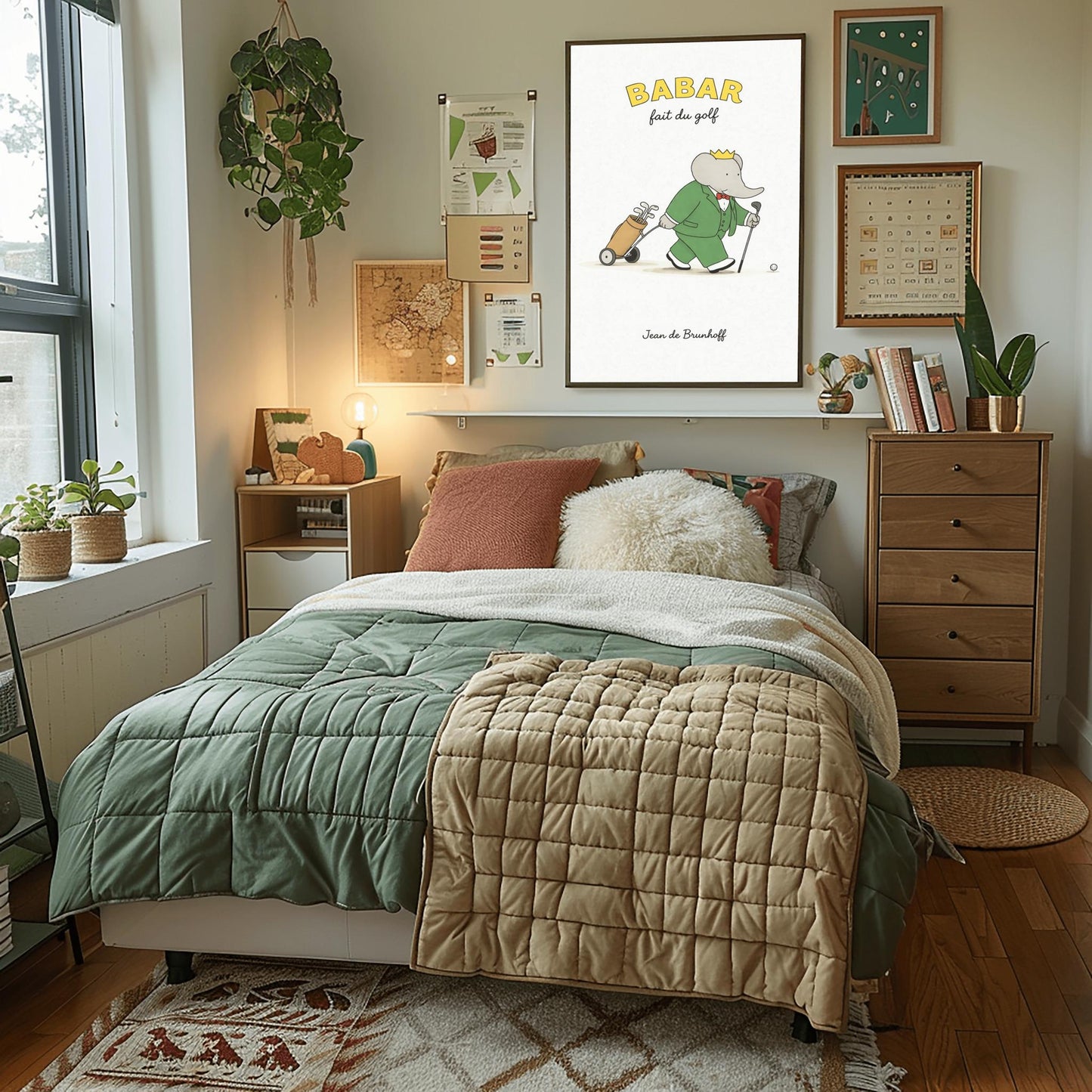 A vertical art print titled "BABAR fait du golf" in yellow letters. A grey elephant, Babar, is wearing a green suit, a red bow tie, and a gold crown. He is walking across a simple beige ground, holding a golf club and pulling a tan golf bag on a small two-wheeled cart. A single golf ball sits on the ground in front of him. The background is a minimalist off-white texture, and "Jean de Brunhoff" is written at the bottom.