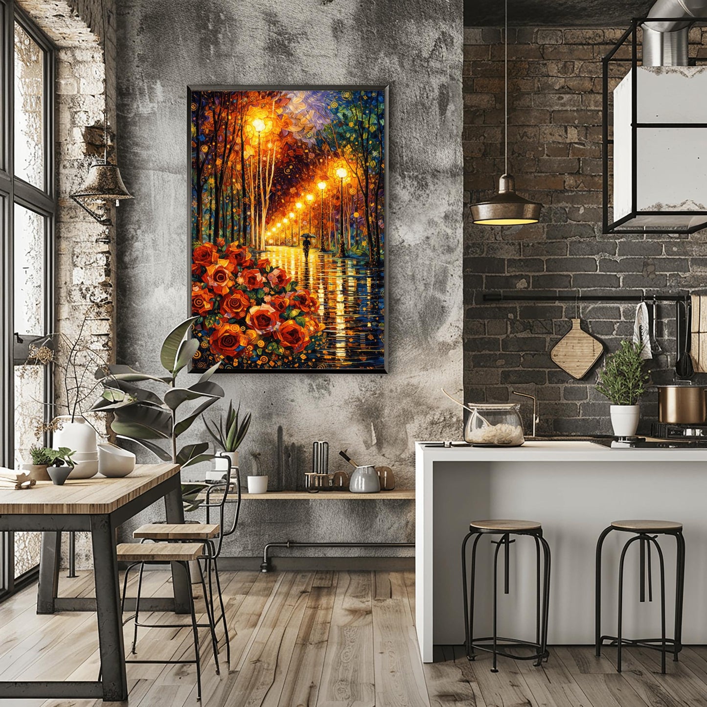 A vertical art print in the style of Gustav Klimt. In the bottom left, a large cluster of stylized red and orange roses with golden spiral centers is prominent. A rain-dampened path reflects the warm yellow light from a line of ornate street lamps. A small black silhouette of a person holding an umbrella walks down the path. The trees and sky are filled with decorative mosaics and swirls in blue, gold, and orange.