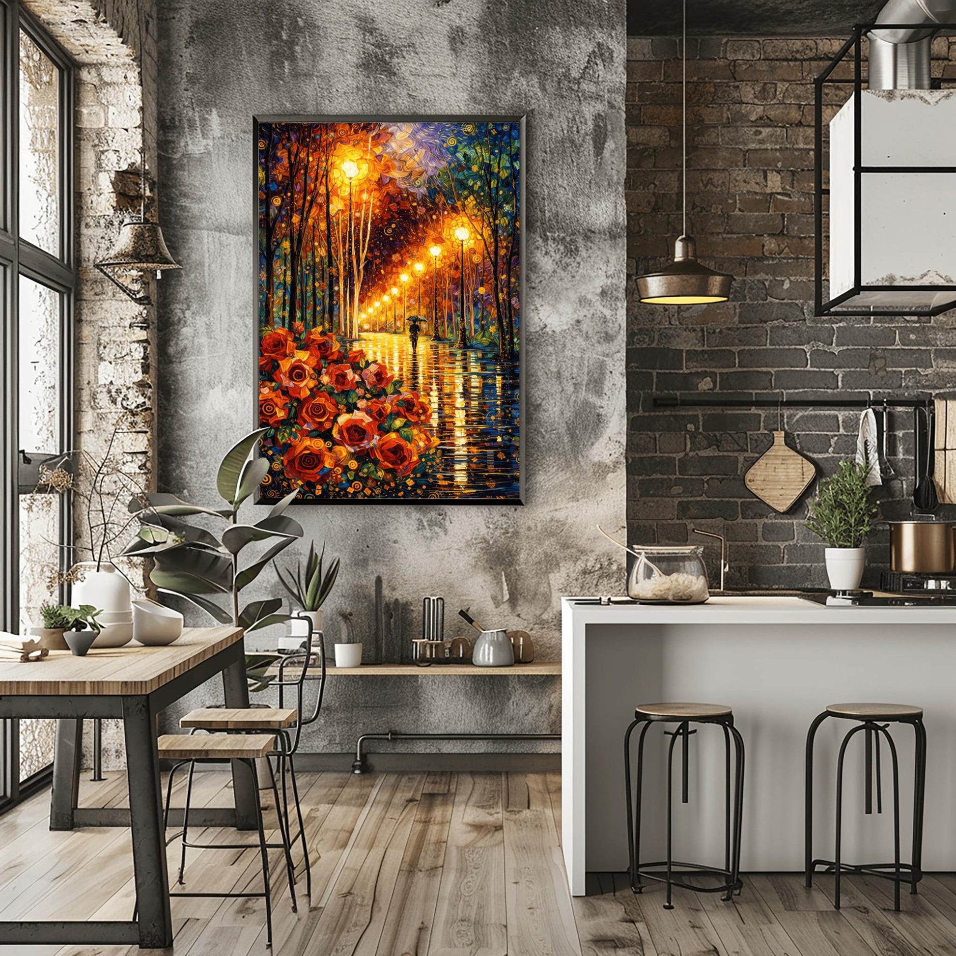 A vertical art print in the style of Gustav Klimt. In the bottom left, a large cluster of stylized red and orange roses with golden spiral centers is prominent. A rain-dampened path reflects the warm yellow light from a line of ornate street lamps. A small black silhouette of a person holding an umbrella walks down the path. The trees and sky are filled with decorative mosaics and swirls in blue, gold, and orange.
