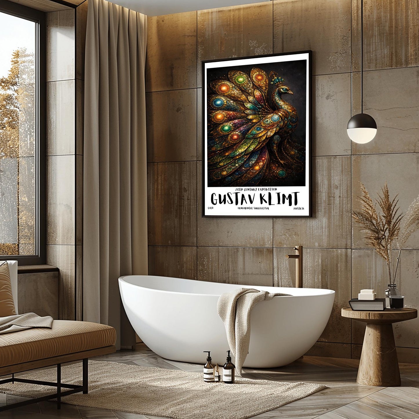 A vertical exhibition poster for Gustav Klimt. A peacock is shown in profile with a large, spread-out tail made of golden mosaic patterns and glowing jewel-toned circles in green, blue, and amber. The background is dark, and the bottom features bold text reading "GUSTAV KLIMT."