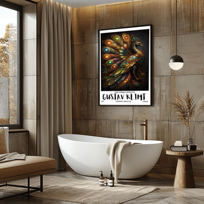 A vertical exhibition poster for Gustav Klimt. A peacock is shown in profile with a large, spread-out tail made of golden mosaic patterns and glowing jewel-toned circles in green, blue, and amber. The background is dark, and the bottom features bold text reading "GUSTAV KLIMT."